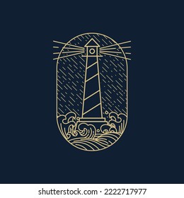 Light house storm and wave. Mercusuar, marine ship navigation tower, beacon building logo.