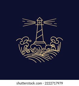 Light house storm and wave. Mercusuar, marine ship navigation tower, beacon building logo.