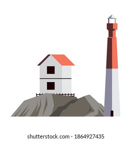 light house tower building with peaks and house scene vector illustration design