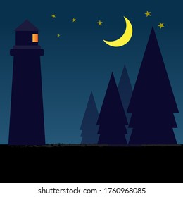 Light House Watching Moon Star Sky Night Vision Forest Cool Weather Vacation Time 