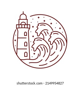 Light house and waves in mono line art style for badge patch pin emblem graphic illustration vector art t-shirt design