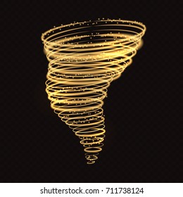 Light hurricane effect. Vector glowing tornado, swirling storm cone of shining stardust sparkles on transparent background