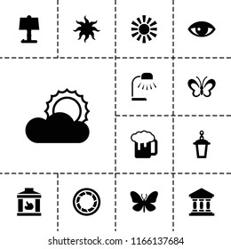 Light icon. collection of 13 light filled icons such as butterfly, beer mug, table lamp, street lamp, sun, camera shutter, fireplace. editable light icons for web and mobile.