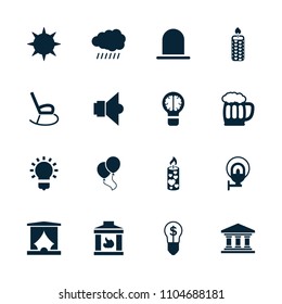Light icon. collection of 16 light filled icons such as sun, siren, candle, beer mug, street lamp, lamp, bulb with dollar, balloon. editable light icons for web and mobile.