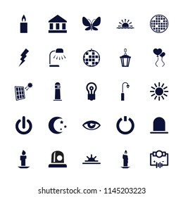 Light icon. collection of 25 light filled icons such as siren, flash, bulb, electricity, disco ball, candle, sun rise, solar panel. editable light icons for web and mobile.