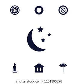 Light icon. collection of 7 light filled icons such as sun, moon and stars, camera shutter, studio umbrella, bank, candle. editable light icons for web and mobile.