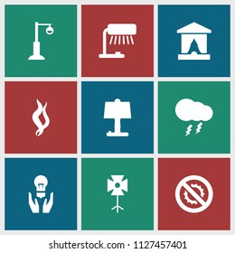 Light icon. collection of 9 light filled icons such as table lamp, stage, street lamp, soft box, smoke, thunderstorm, no brightness. editable light icons for web and mobile.