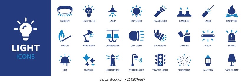 Light - Icon Collection. Thin Line Set contains such Icons as Light, Lamp, Bulb, LED, Bright, Glow, Beam and more. Simple web icons set.