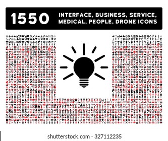 Light icon and other web interface, business, tools, people, medical service and awards vector symbols. Style is bicolor flat symbols, intensive red and black colors, rounded angles, white background.