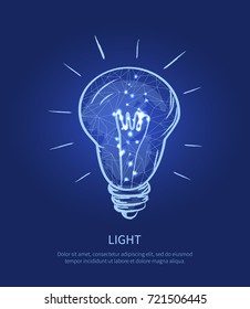 Light icon, picture of electric bulb illuminating bluish light and lines around it, text and title placed below lamp vector illustration