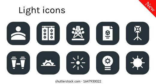 Light Icon Set. 10 Filled Light Icons. Included Convex, Traffic Light, Electric Tower, D, Spotlight, Binoculars, Sunrise, Brightness, Lightbulb, Sun Icons