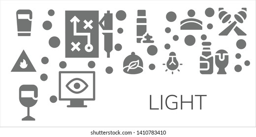 light icon set. 11 filled light icons.  Collection Of - Beer, Strategy, Fire, Ecologism, Tungsten, Foam, View, Convex, Spotlight