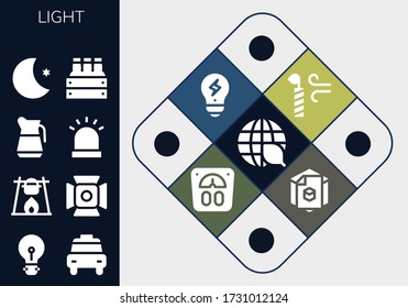 conjunto de iconos de luz. 13 iconos de luz rellenos. Ecología, Idea, Taxi, Fogata, Luz Esposa, Cerveza, Siren, Luna, Vela, Creatividad, Escala, d iconos