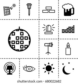 Light icon. set of 13 filled and outline light icons such as sun, beer mug, moon and stars, table lamp, brick wall, siren, street lamp, eye, studio lapm, candle, solar panel