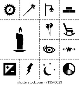 Light icon. set of 13 filled light icons such as brick wall, sparklers, balloon, flash, eye, light exposure, brightness, moon and stars, street lamp, solar energy, electricity