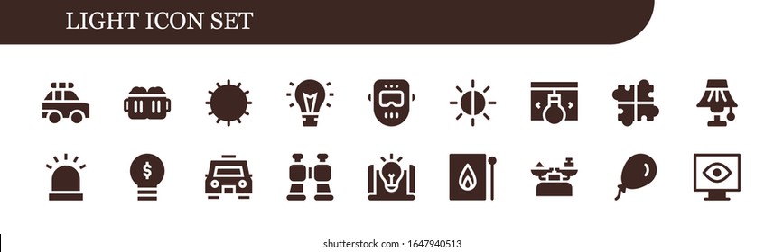 light icon set. 18 filled light icons.  Simple modern icons such as: Police car, Beers, Sun, Idea, Welder, Brightness, Solution, Light, Siren, Lightbulb, Taxi, Binoculars, Match