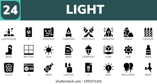 light icon set. 24 filled light icons.  Simple modern icons about  - Lighthouse, d, Strategy, Campfire, Spotlight, Initiative, Foam, Candles, Beer, Bottom, Sun, Lamppost, Cube