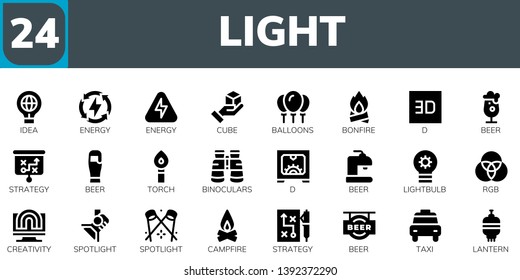 Light Icon Set. 24 Filled Light Icons.  Simple Modern Icons About  - Idea, Energy, Cube, Balloons, Bonfire, D, Beer, Strategy, Torch, Binoculars, Lightbulb, Rgb, Creativity, Spotlight