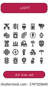light icon set. 25 filled light icons. Included Spotlight, Traffic lights, Beer, Match, Balloons, Watermelon, Matches, Fabric, Flash, Lantern, Scale, Candles, Lamp, Welder icons