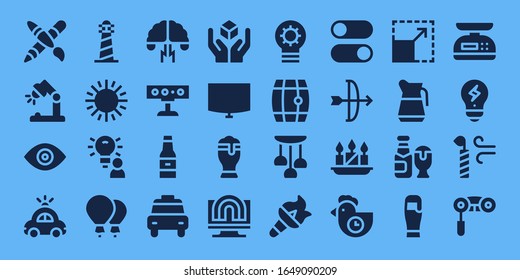 Light Icon Set. 32 Filled Light Icons. Included Graphic Design, Desk Lamp, View, Police Car, Lighthouse, Sun, Idea, Balloons, Brainstorming, Spotlight, Beer, Taxi, Cube Icons