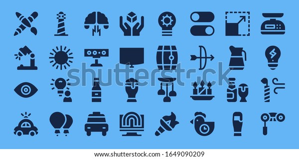 light
icon set. 32 filled light icons. Included Graphic design, Desk
lamp, View, Police car, Lighthouse, Sun, Idea, Balloons,
Brainstorming, Spotlight, Beer, Taxi, Cube
icons