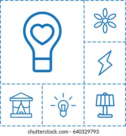 Light icon. set of 6 light outline icons such as sun, bulb heart, flash, table lamp, stage