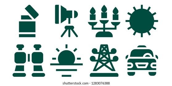  light icon set. 8 filled light icons. Simple modern icons about  - Binoculars, Lighter, Sunrise, Light, Electric tower, Candlestick, Taxi, Sun