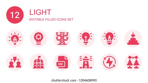 light icon set. Collection of 12 filled light icons included Creativity, Idea, Electric tower, Brainstorming, Theatre, Rgb, Lighthouse, Bolt, Tower