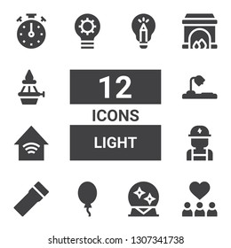 light icon set. Collection of 12 filled light icons included Inspiration, Magic ball, Balloon, Flashlight, Electrician, Smart home, Desk lamp, Idea, Fireplace, Flame, Stopclock
