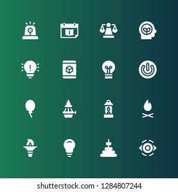 Light Icon Set. Collection Of 16 Filled Light Icons Included Eye, Tower, Idea, Torch, Bonfire, Lantern, Flame, Balloon, Power, Lightbulb, D, Think, Scale, Appointment Book, Siren