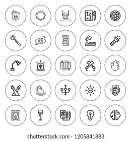 Light icon set. collection of 25 outline light icons with arcade, chandelier, desk lamp, creativity, eye, fire, flashlight, energy, lightbulb icons. editable icons.