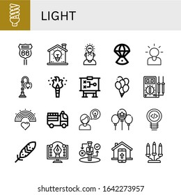 light icon set. Collection of Lightbulb, Road sign, Idea, Space capsule, Brainstorming, Street lamp, Torch, Strategy, Balloons, Multimeter, Rainbow, Fire truck, Balloon icons