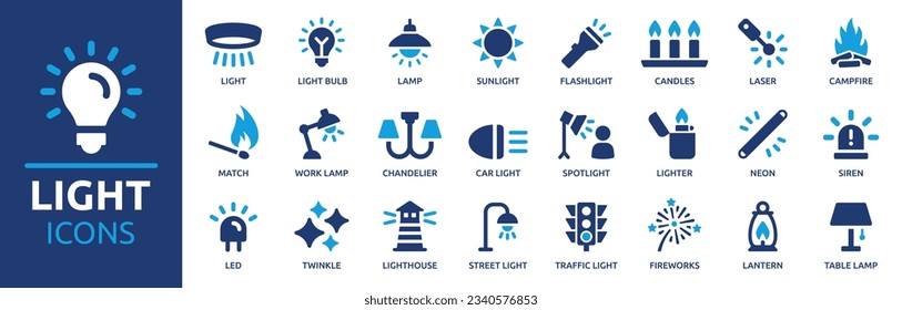 Light icon set. Containing light bulb, lamp, flashlight, LED, chandelier, spotlight and lighter icons. Solid icon collection. Vector illustration. svg