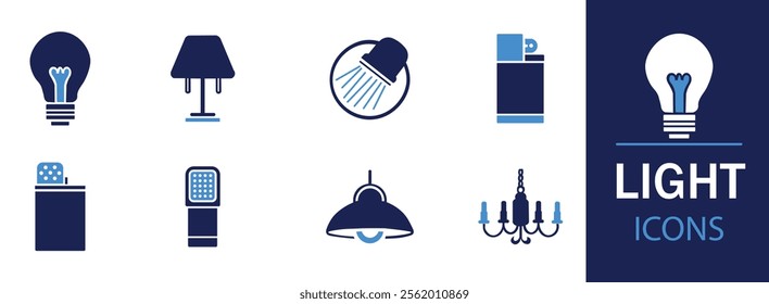 Light icon set. Containing light bulb, lamp, flashlight, LED, chandelier, spotlight and lighter icons. Solid icon collection. Vector illustration.