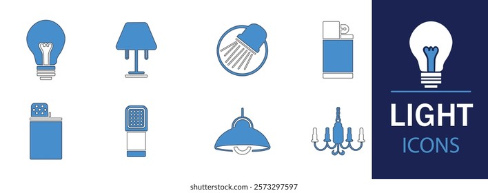 Light icon set. Containing light bulb, lamp, flashlight, LED, chandelier, spotlight and lighter icons. Solid icon collection. Vector illustration.