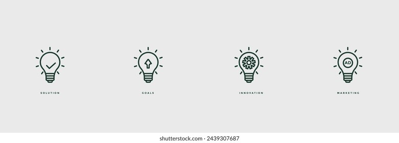 Lichtsymbolsatz, Umriss, mit, Lösung, Innovation, Ziel, Marketing. Einfaches Design. Vektorgrafik