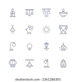 Light icon set. Thin line icon. Editable stroke. Containing candle, ceiling lamp, lights, oil lamp, ceiling, desk lamp, sun, spotlights, floor lamp, idea, street, japanese, table.