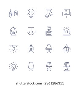 Light icon set. Thin line icon. Editable stroke. Containing lamp, bulb, ceiling lamp, lights, lantern, ceiling light, desk lamp, siren, light, fire, table lamp, street, bulb.