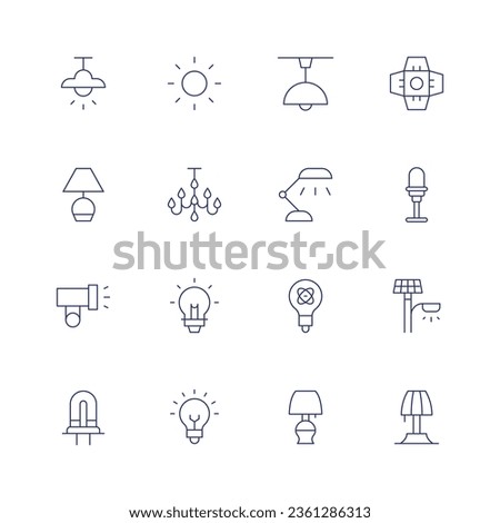 Light icon set. Thin line icon. Editable stroke. Containing lamp, brightness, ceiling lamp, ceiling, desk lamp, runway, light, energy, idea, street, light bulb, table lamp.