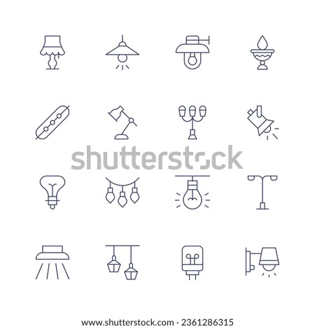 Light icon set. Thin line icon. Editable stroke. Containing ceiling lamp, oil lamp, led strip, desk, lamp post, spotlight, bulb, garland, streetlight, wall.