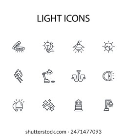 Conjunto de iconos de luz.Vector.Trazo editable.signo de estilo lineal para utilizar Diseño web,logo.Ilustración de símbolo.