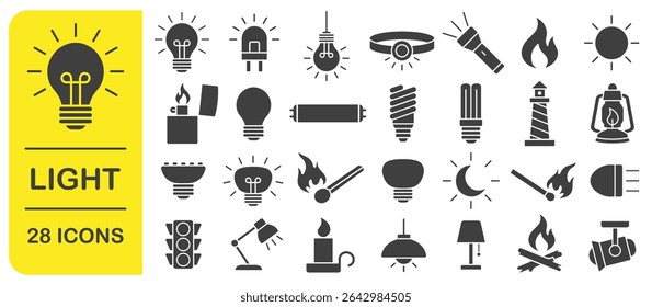 Light icon symbol set. Light bulb, lamp, flashlight, LED, lantern, spotlight, campfire and lighter icons sign. Vector illustration image. Isolated on white background.