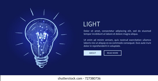 Light icon web banner, electric bulb illuminating bluish light and lines around it, text and title vector illustration on blue background