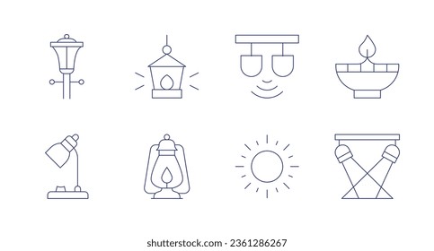 Light icons. editable stroke. Containing street lamp, oil lamp, lights, table lamp, sun, spotlights.