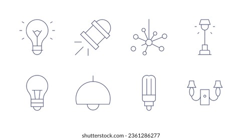 Iconos claros. trazo editable. Con bombilla, foco, luz, farol, lámpara, lámpara de pared.