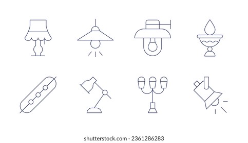Light icons. editable stroke. Containing lamp, ceiling, oil, led strip, desk lamp, post, spotlight.
