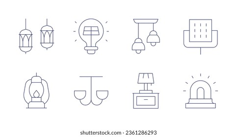 Leuchtsymbole. bearbeitbarer Strich. Lampe, Lampe, Deckenlampe, Leuchten, Signalleuchte, Deckenleuchte, Schreibtischlampe, Sirene.