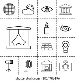 Light icons. set of 13 editable outline light icons such as eye, bulb heart, sun, soft box, studio lapm, candle, disco ball, dance floor, stage, bank, fireplace
