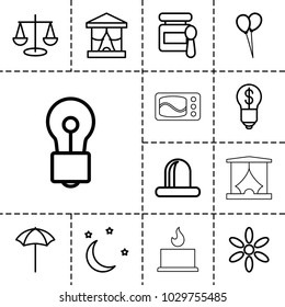Light icons. set of 13 editable outline light icons such as baby food, sun, balloon, bulb, stage, scales, siren, studio umbrella, moon and stars, bulb with dollar, candle