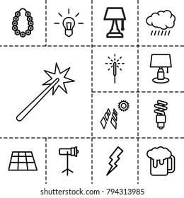 Light icons. set of 13 editable outline light icons such as sun, flash, table lamp, beer mug, dance floor, solar panel, bulb, sparkler, garland, studio lapm, fluorescent lamp